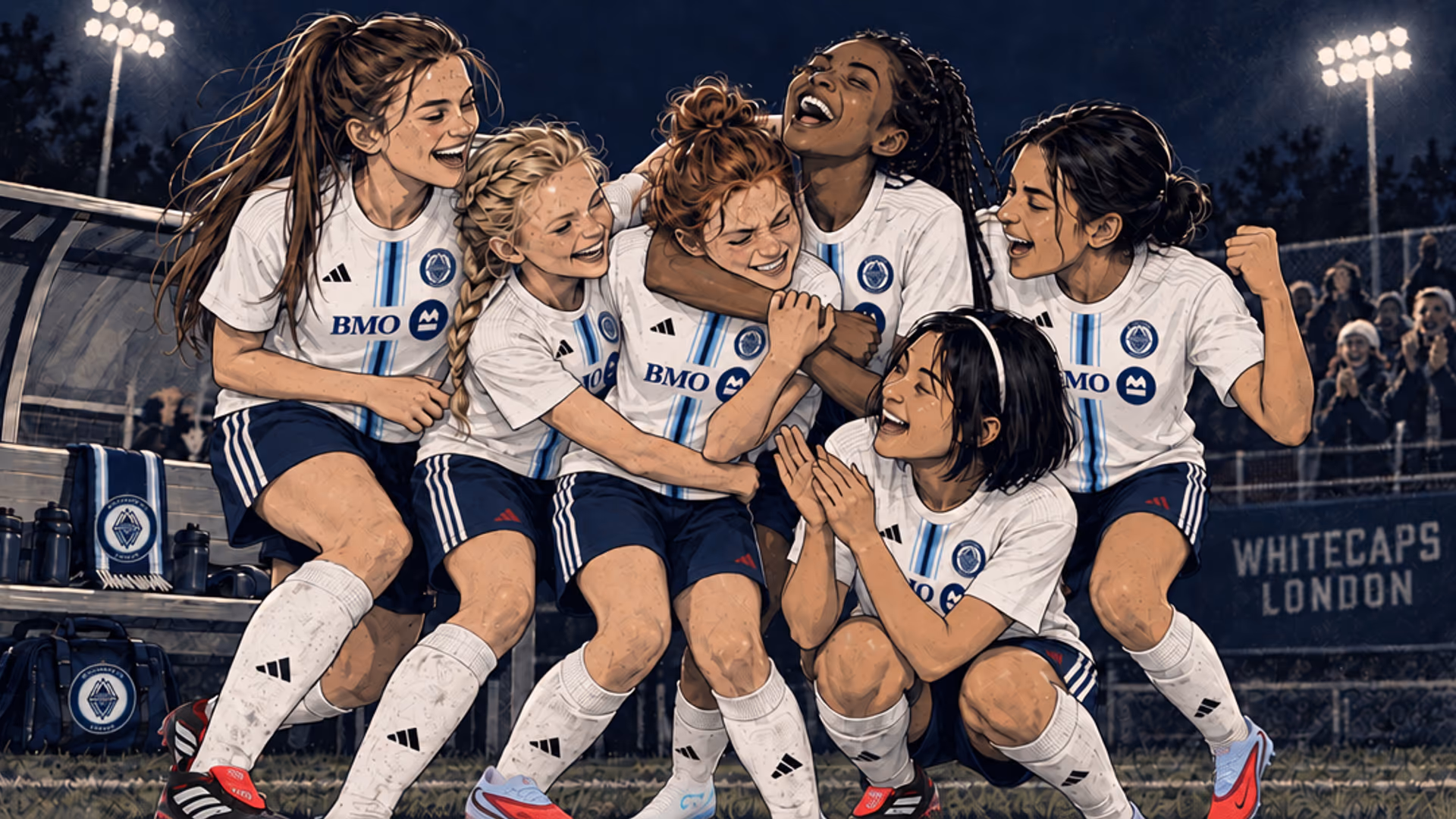 Girls in the white home kit celebrating together under the floodlights.