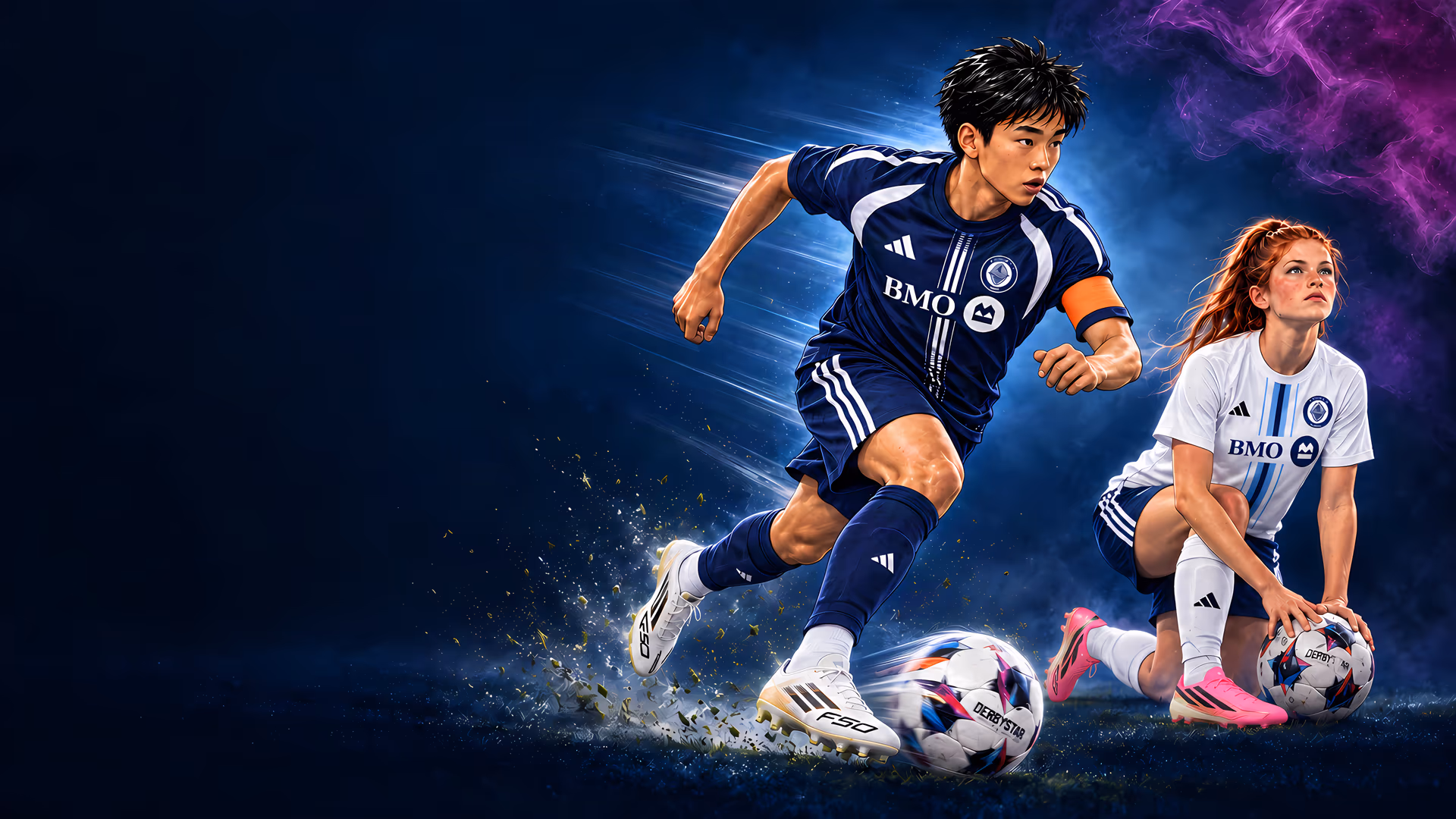 A boy in the navy away kit, captain's armband on, drives the ball at speed while a girl in the white home kit kneels with hers, ready to go.